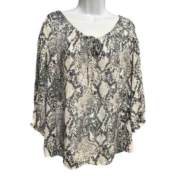Ann Taylor LOFT Black Tan Reptile Print 3/4 Sleeve Top Women's Size Large - Picture 1 of 5